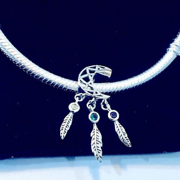 SILVER 925 MOON CATCH-DREAMERS WITH SEMIPRECIOUS STONES CHARM - Picture 1 of 7